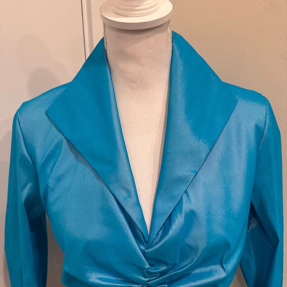 VTG 80s Tadashi Shoji Turquoise Ruched Iridescent Taffeta Blouse Small Glam Bold - Picture 3 of 9